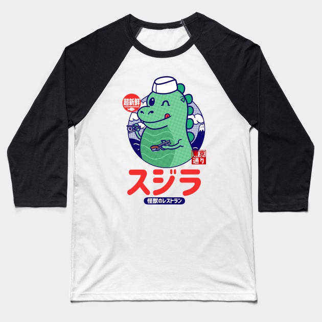 Godzilla Sushi Baseball T-Shirt by MoustacheRoboto